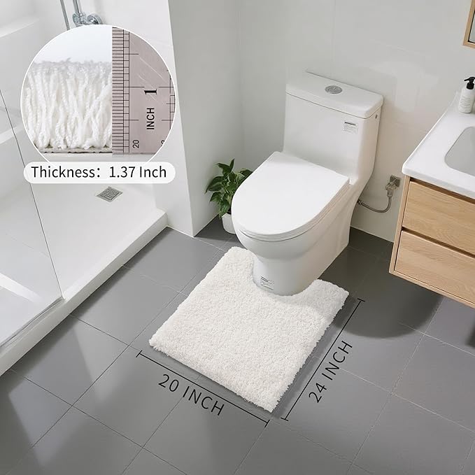 Yimobra U Shaped Toilet Bath Rug, Fluffy Plush, Super Shaggy Soft Non Slip, Water Absorbent Microfiber Bath Mat, Dries Quickly, Machine Washable Thick Bathroom Rugs, 20"x 24", Off White