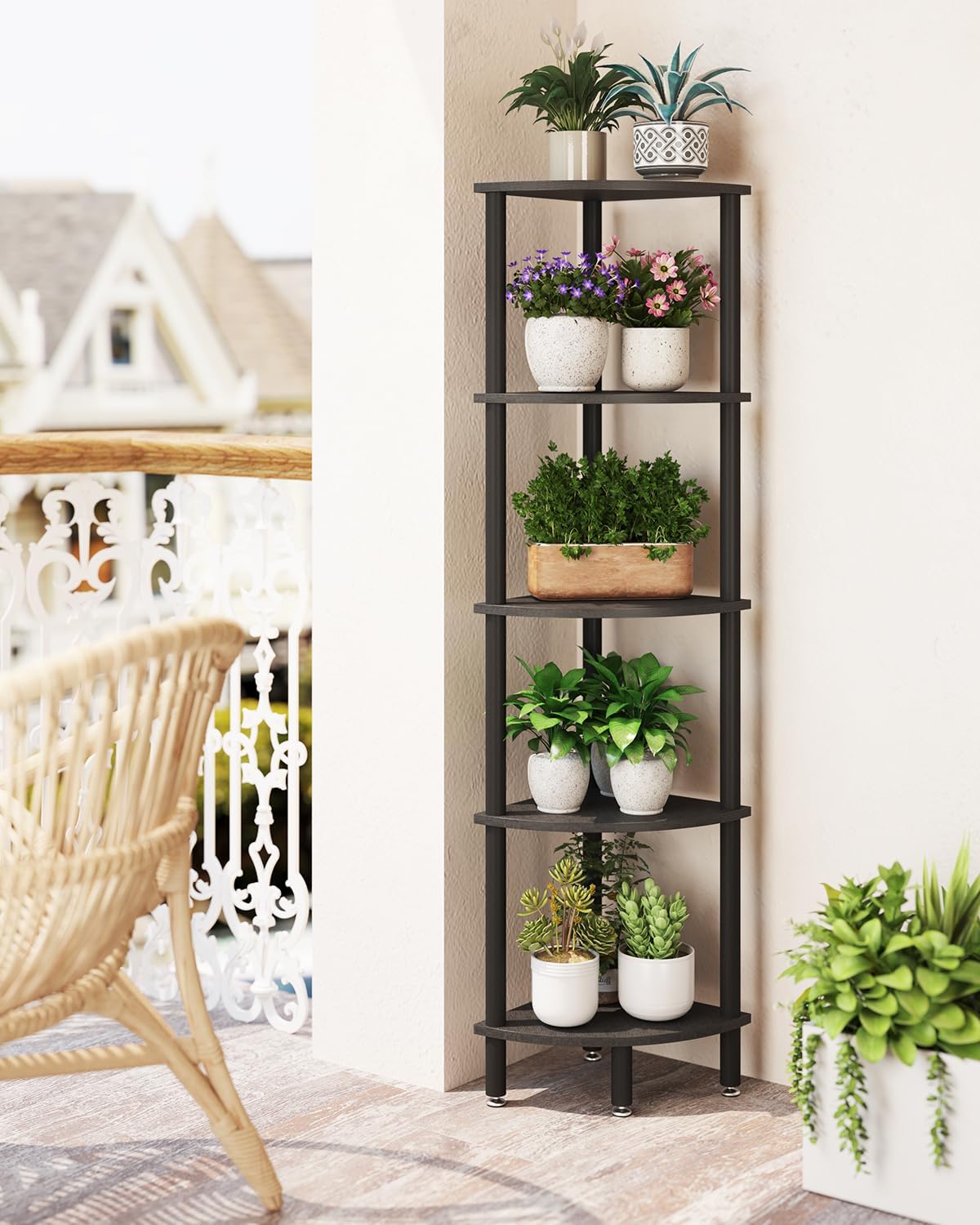 IBUYKE 5 Tier Corner Shelf Stand,Industrial Corner Display Rack,Corner Bookshelf for Living Room, Bedroom, Kitchen, Home Office, Black WBC010B