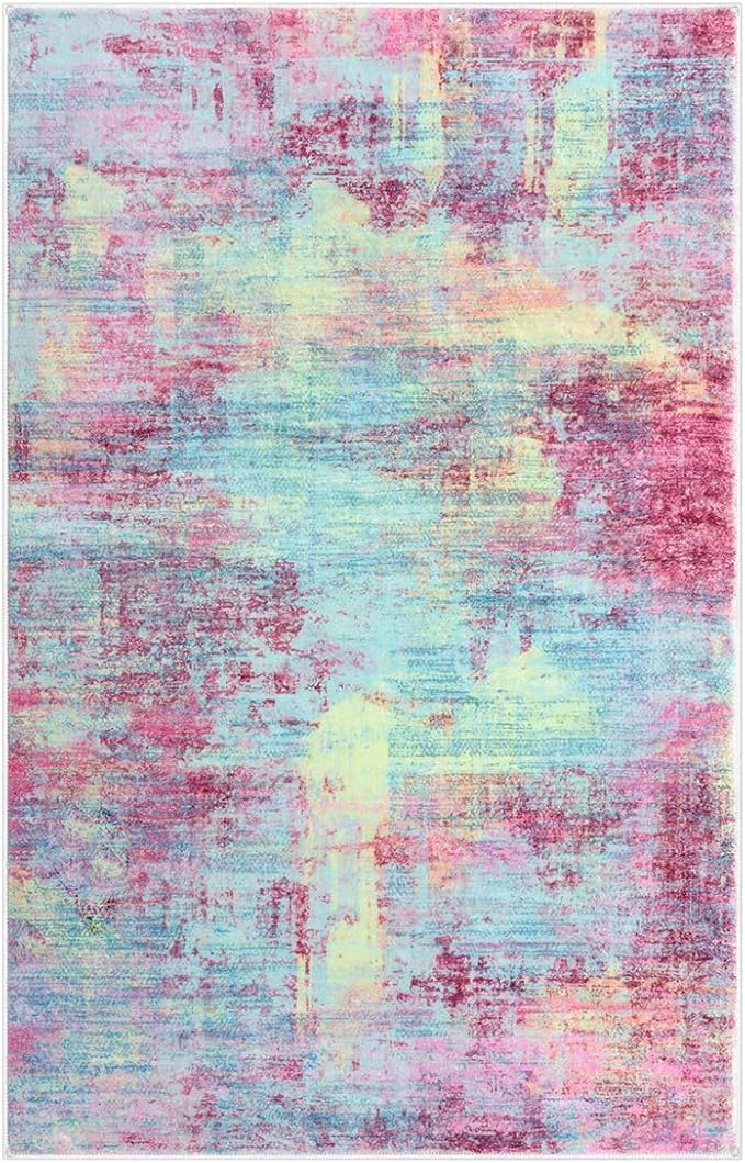 IOHOUZE Abstract Area Rugs 5x7 Ft Washable Rugs for Living Room, Non Slip Dining Room Rug, Printed Faux Wool Rugs for Bedroom, Floor Carpet for Office Nursery Playroom, Pink Teal