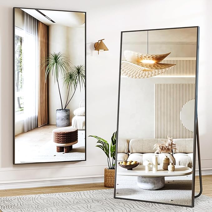 26"x71" Full Length Mirror, Adjustable Standing/Wall Mounted Floor Mirror for Bedroom, Living Room, Entryway, Large Black Leaning Mirror with Shatterproof Glass