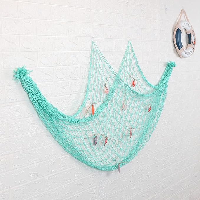 Natural Fishing Net Decor with Shells 79 Inch Beach Theme Decor for Party Home Bedroom Wall Hanging Fish Net Decorations (Aqua)