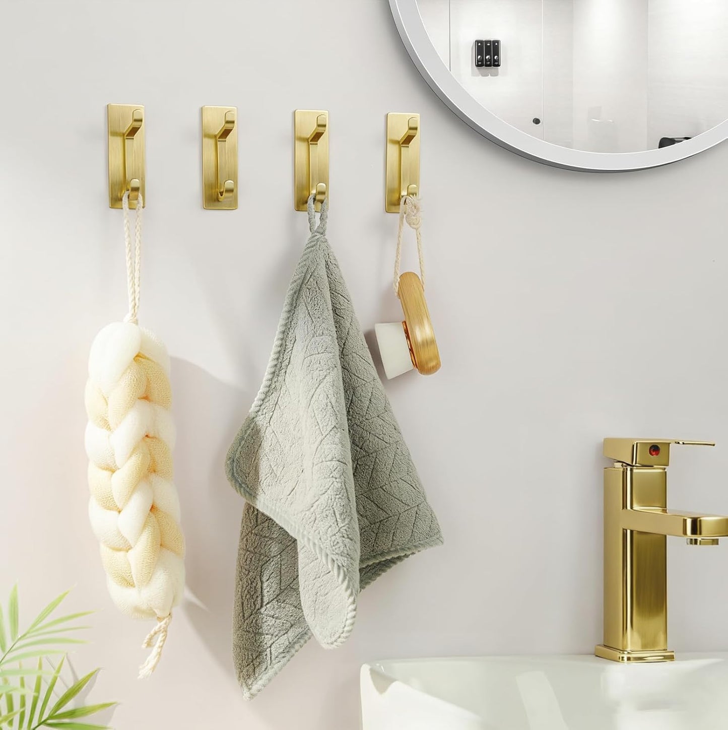 pickpiff Self Adhesive Hooks, Extra Sticky 10LB (Max), Heavy Duty Stainless, Stick On Wall and Door Hooks for Hanging, Bathroom Towel Hooks and Coat Hooks, Robe Hook Wall Mounted, Gold, 4 Pack