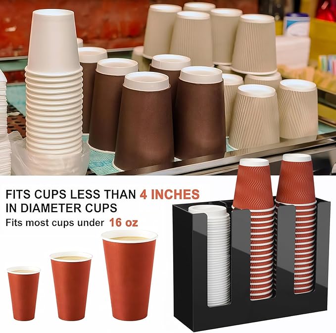 MYITYARD Coffee Cup Holder, Cup and Lid Organizer fits 5 to 16 oz Disposable Paper & Plastic Cups, Cup Dispenser Countertop, Acrylic Cup Storage for Home, Kitchen, Office (3 Compartment)