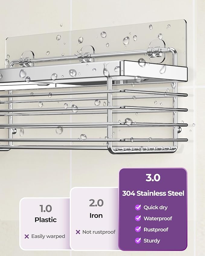 ODesign Shower Caddy 3 Pack SUS304 Stainless Steel-No Drilling-Shower Bathroom Shelves Rack,Rustproof Wall Mounted,Adhesive Shower Shelf Basket Organizer-Silver