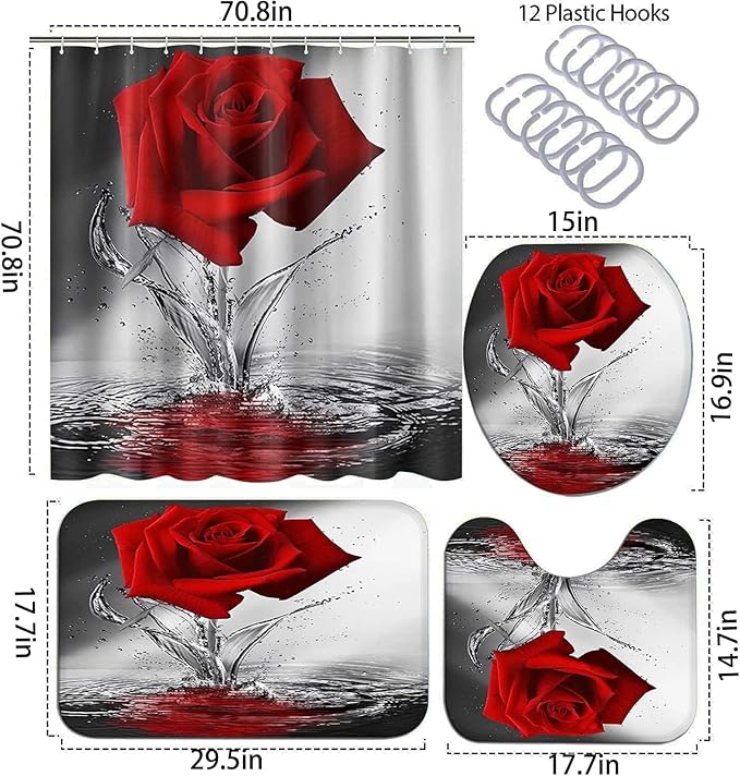 4Pcs Red Rose Shower Curtain Sets, Romantic Water Red Rose Bathroom Sets with Shower Curtain and Rugs Toilet Lid Cover Bath Mat, Waterproof Fabric Rose Gift Halloween Shower Curtains with Hooks