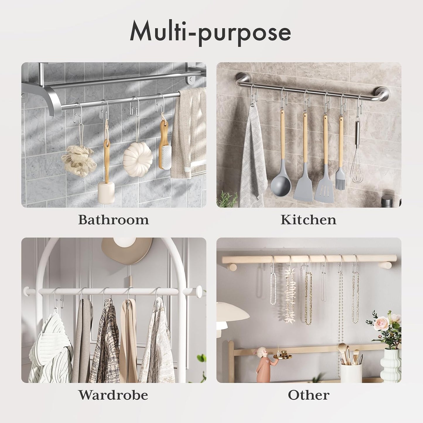 AmazerBath Shower Curtain Hooks, Space Sliver Shower Curtain Rings Rust Proof, Sturdy Double Shower Curtain Hooks Non-Slip Shower Hooks for Shower Curtain, Metal Shower Hooks Ring Bathroom 12Pcs