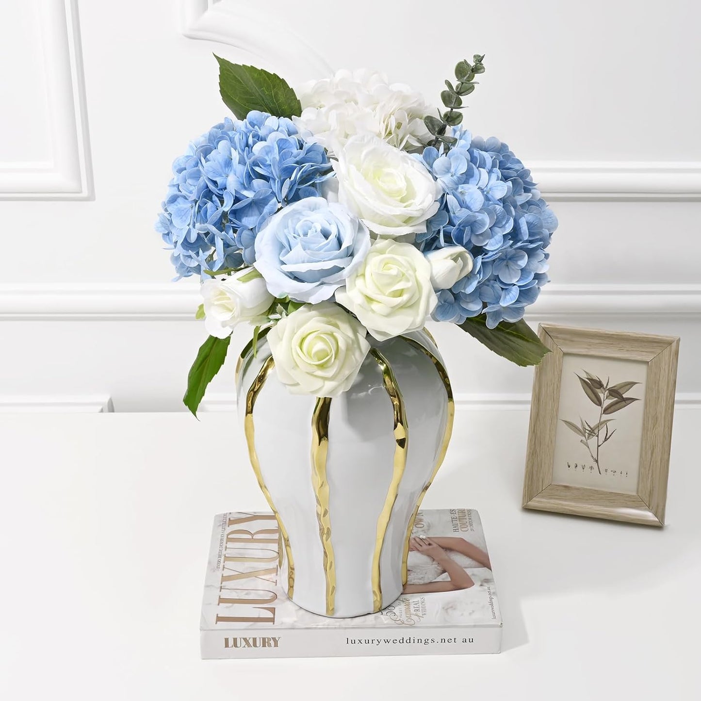 Artflower 4Pcs Real Touch Hydrangea Artificial Flowers, 22.5'' White & Blue Faux Full Latex Hydrangea Flowers for Home Floral Arrangements Wedding Bouquets Kitchen Table Centerpiece Decorations