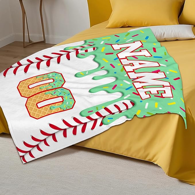 Kids Blanket for Boys Girls Custom Baseball Blankets for Gift, Green Cozy Soft Ice Cream Flannel Throws for Bed Travel Sofa Living Room Bedroom Decor Club