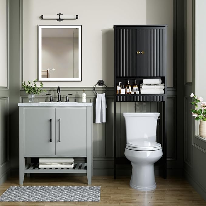 Over The Toilet Storage Cabinet, Above Toilet Storage with Fluted Panel Doors and Soft Hinges, Behind Toilet Bathroom Organizer Bathroom Spacesaver Rack (Black)