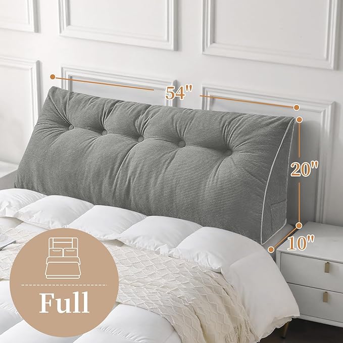 Sasttie Headboard Pillow Full, Wedge Pillow Headboard for Sitting Up in Bed, Back-Rest Support Triangular Cushion for Reading - Features Removable Washable Cover, Light Grey