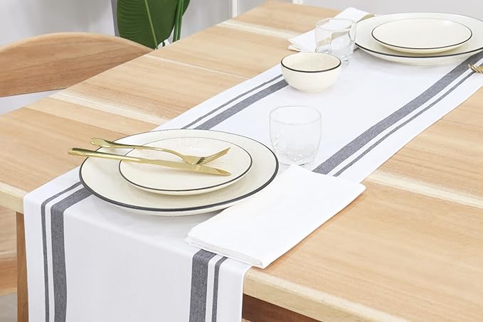 PurpleEssences French Striped Table Runner 72 inches Long Stripe Runner 14 x 72 Inch 100% Cotton - Durable Washable Fabric for Fall Thanksgiving - Grey and White