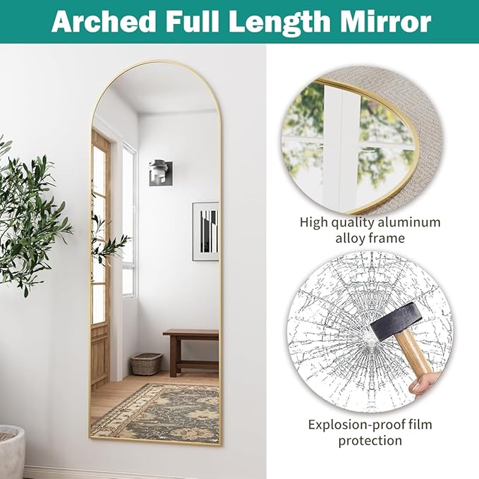 TinyTimes 64''x21'' Arched Full Length Mirror with Stand, Full Body Mirror, Mirrors Full Length Floor Freestanding, Wall Mounted Mirrors for Bedroom Living Room Cloakroom (Gold)