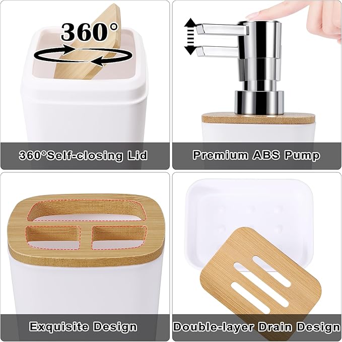 White Bathroom Accessories Set, 9 Piece Bathroom Accessory Set with Trash Can,Toothbrush Holder,Toothbrush Cup,Lotion Soap Dispenser,Vanity Tray,Soap Dish,Toilet Brush,Qtip Holder