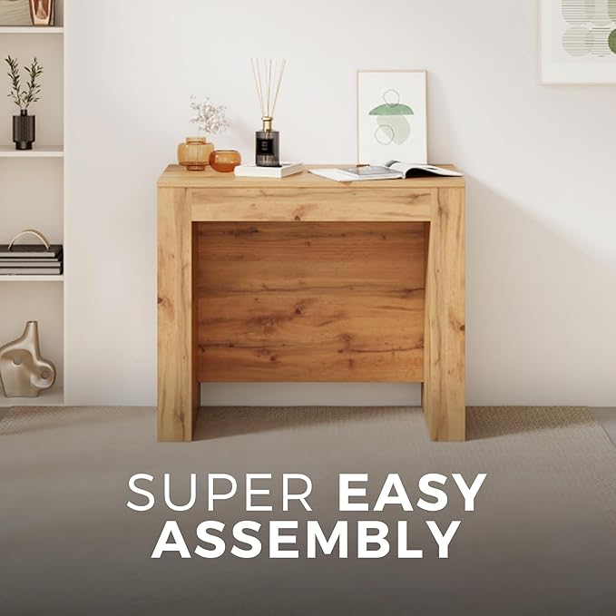 Mobili Fiver, Easy, Extendable Console Table with Extension Leaves Holder, 17.7(120.1) x35.4 in, Rustic Oak, for 4-12 People, Space Saving Dining Table for Entrance, Living Room, Italian Furniture