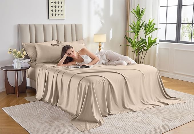 Pure Bamboo Full Sheets, Genuine 100% Organic Viscose Derived from Bamboo Bed Sheet Set, Luxuriously Soft & Cooling, Double Stitching, Lifetime Quality Promise (Full, Almond)