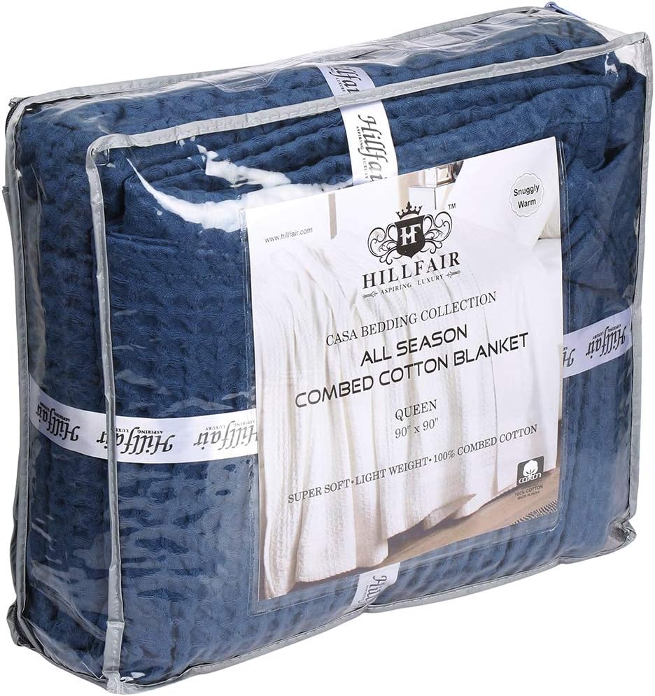 HILLFAIR 100% Combed Cotton Blanket– King Size Bed Blankets– Warm Soft All Season Breathable Lightweight Summer Blankets– Waffle Weave Home Decor Bed Blanket- Navy King Bed Cotton Blankets/Bedcovers