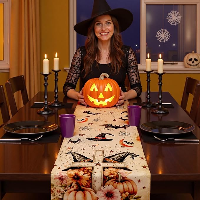 Halloween Table Runner with Black Cats, Bats & Pumpkins, Table Decoration for Dining Party and Home Decor,96x13 inches