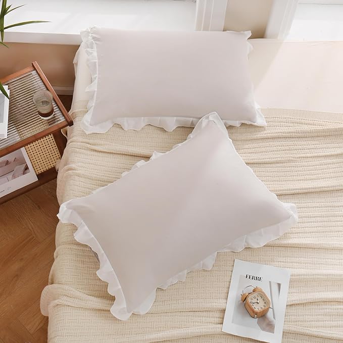 Merryword Beige Pillow Shams Beige and White Reversible Queen Pillowcases Cute Pillow Cover Set of 2 Soft Shabby Chic Ruffled Pillowcases 2 Pack (Queen (20''x30''), Beige White)
