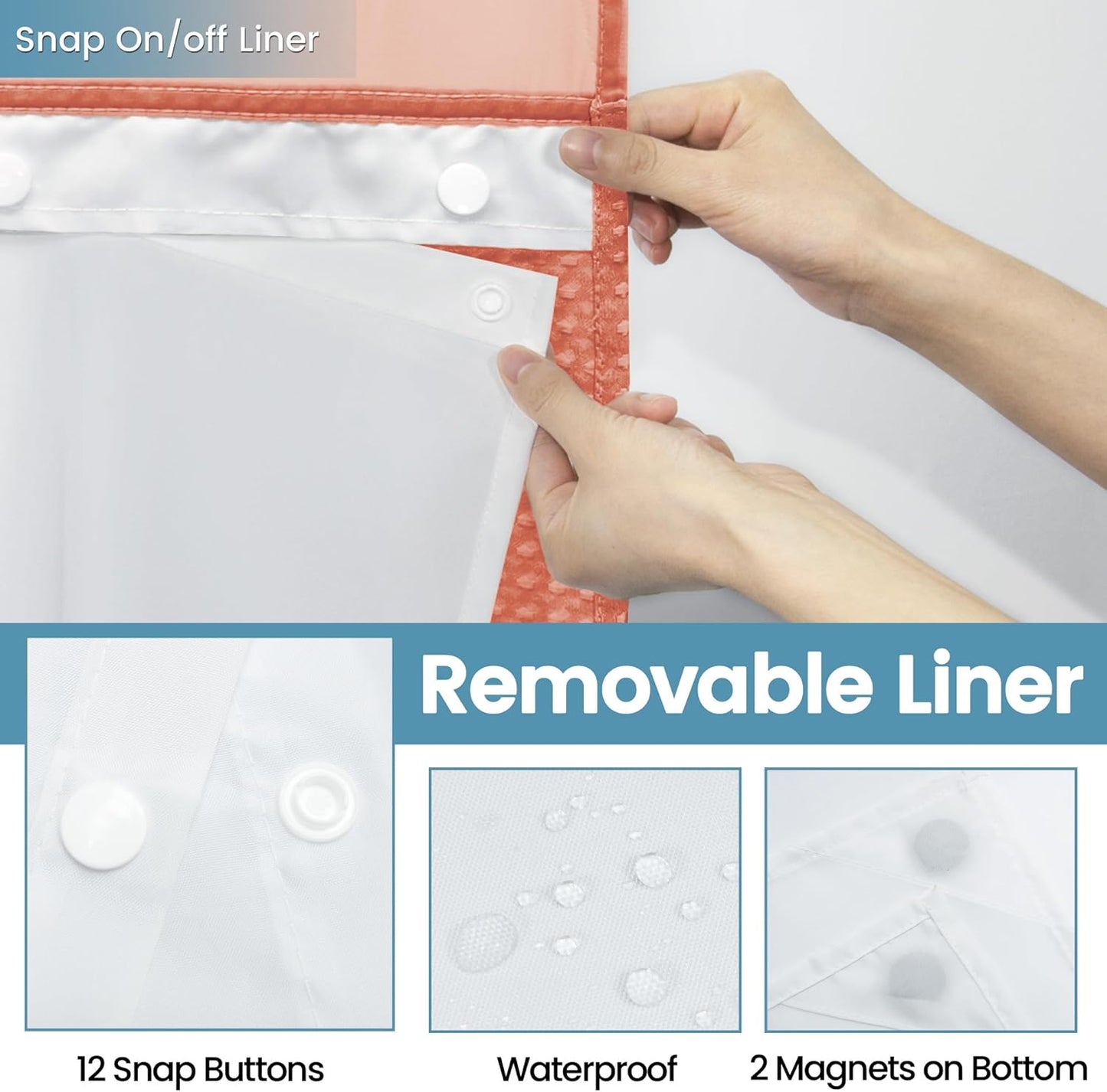 Coral Hotel Shower Curtain with Detachable Liner - 230GSM Waffle Textured,Hotel Grade,Spa Like Bath Curtain,71W x 74H