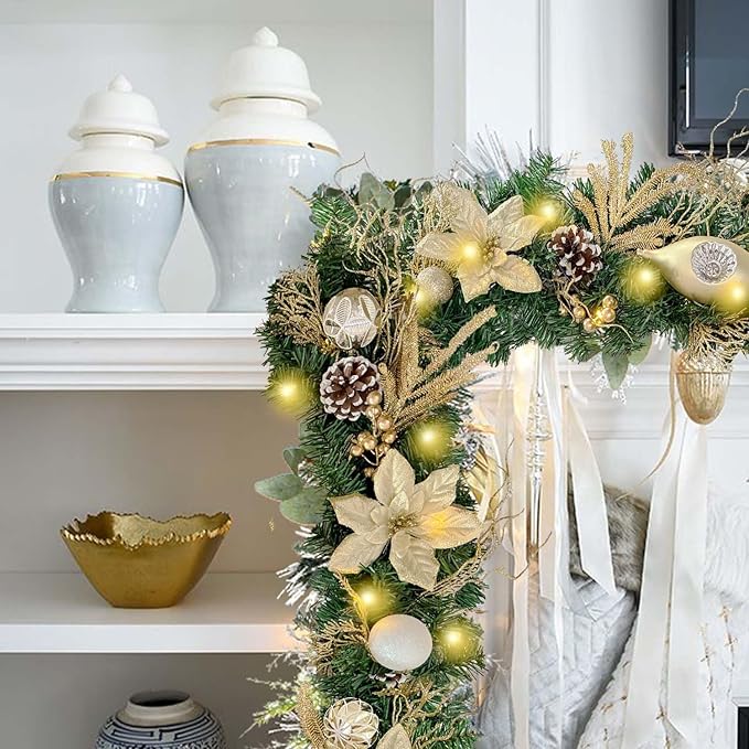 WANNA-CUL Pre-Lit 6 Feet/72 Inch Christmas Garland for Front Door with Lights Champagne Gold Christmas Mantel Garland Decoration with Ball Ornaments, Poinsettia Flowers,Ribbon,Battery Operated 30 LED