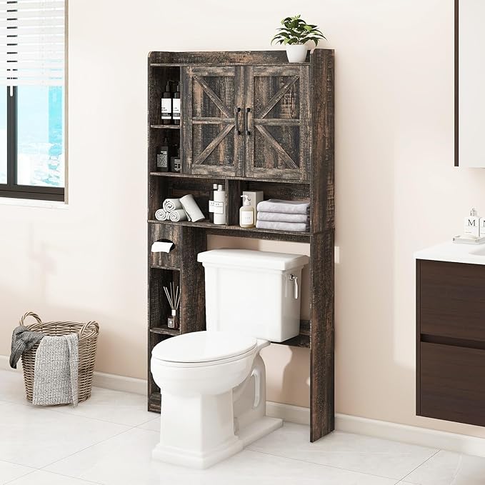 Over The Toilet Storage Cabinet, Farmhouse Storage Cabinet Over Toilet with 2 Barn Doors & Toilet Paper Holder Stand,Home Space-Saving Toilet Rack, for Bathroom, Restroom, Laundry