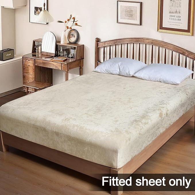 PHF Truly Velvet Fitted Sheet Only Queen Size, Luxury Super Soft Cozy Fuzzy Fleece Bottom Sheet, Deep Pocket Up to 16",Strenghth Elastic Band, Suitable for Fall Winter Spring, No Pillowcases, Sand