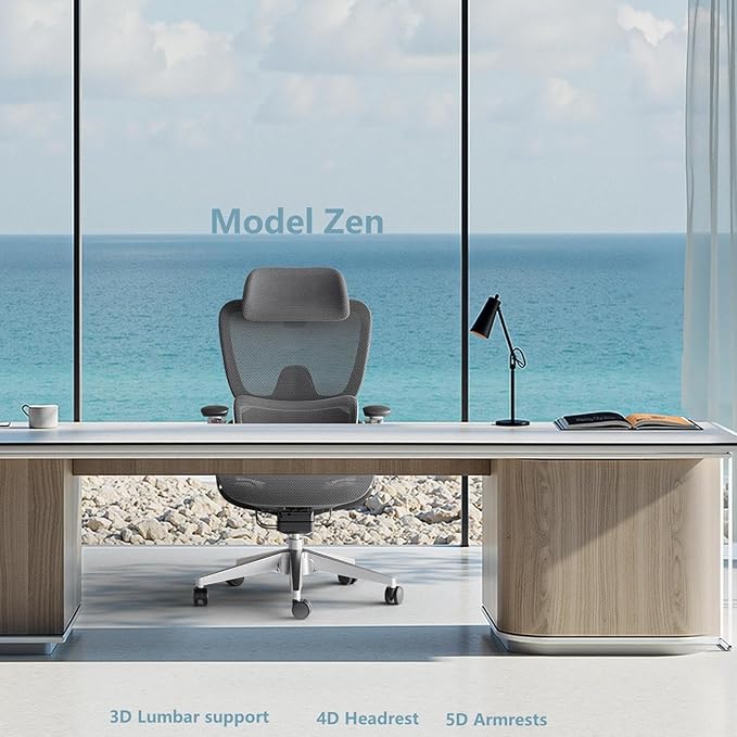 Ergonomic Office Chair, Big and Tall Mesh Home Office Desk Chair with Adjustable Lumbar Support, Gaming Chair with Headrest, 5D Armrest,90-130°Tilt, BIFMA Certified, Model Zen (Grey)