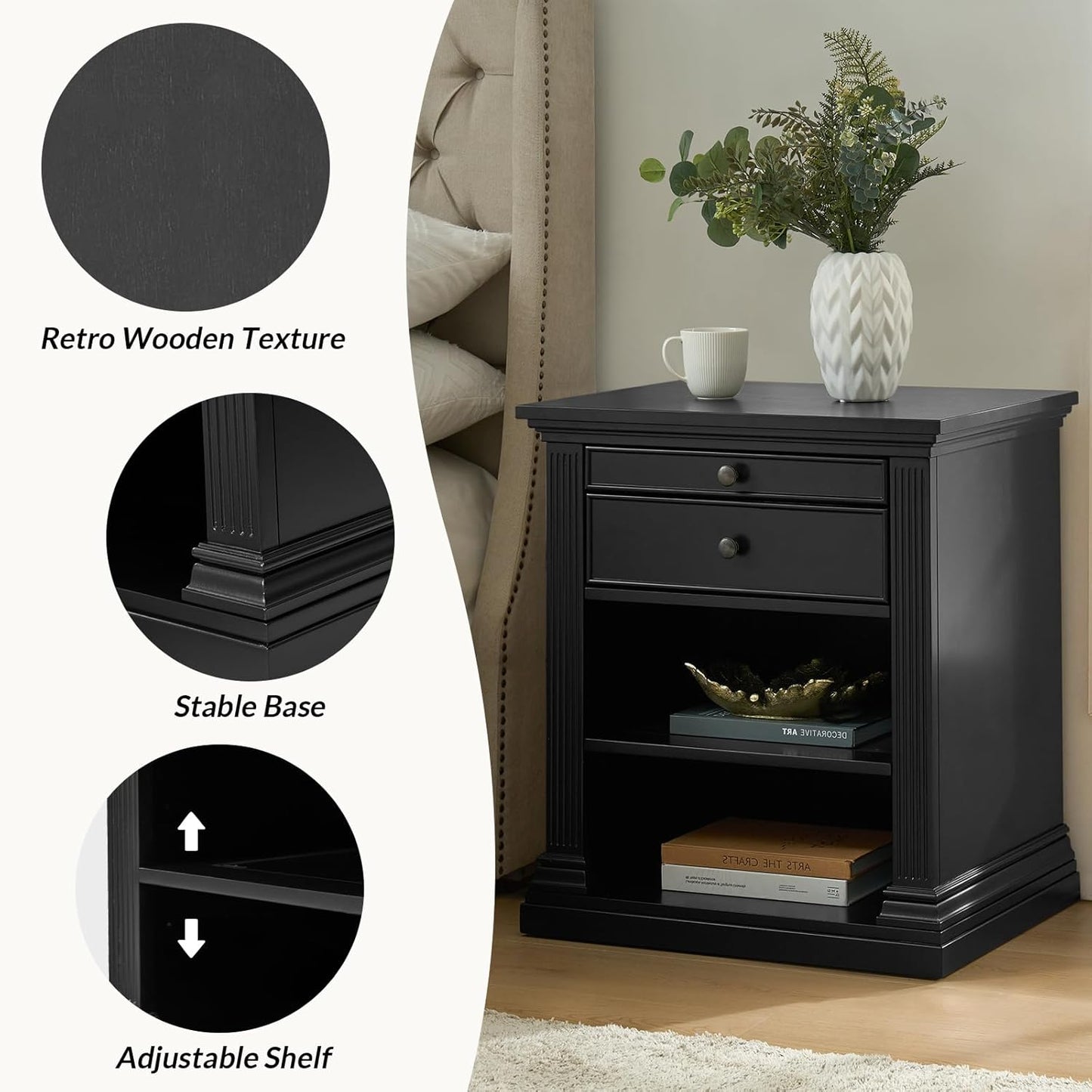 HULALA HOME Wood Nightstand with Tray and Storage Shelves, Traditional Design with Roman Column, End Table with Charging Station/LED, Black