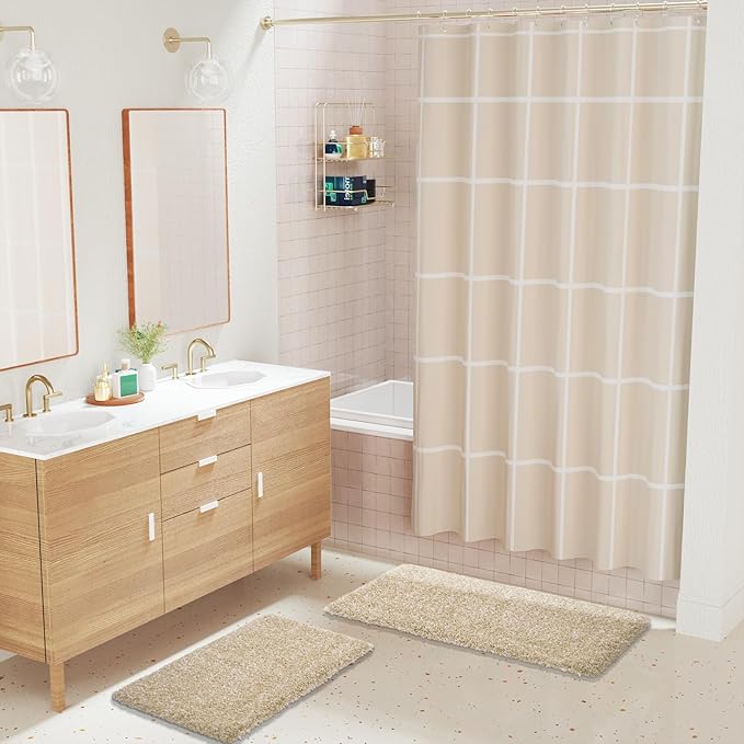 Yimobra Luxury Bathroom Rugs, Fluffy Bath Mats, Non Slip, Water Absorbent Microfiber, Machine Washable, Plush Runner Shower Rugs, Thick Matts for Bathroom Floor/Tub, 47"x 24", Light Beige and White