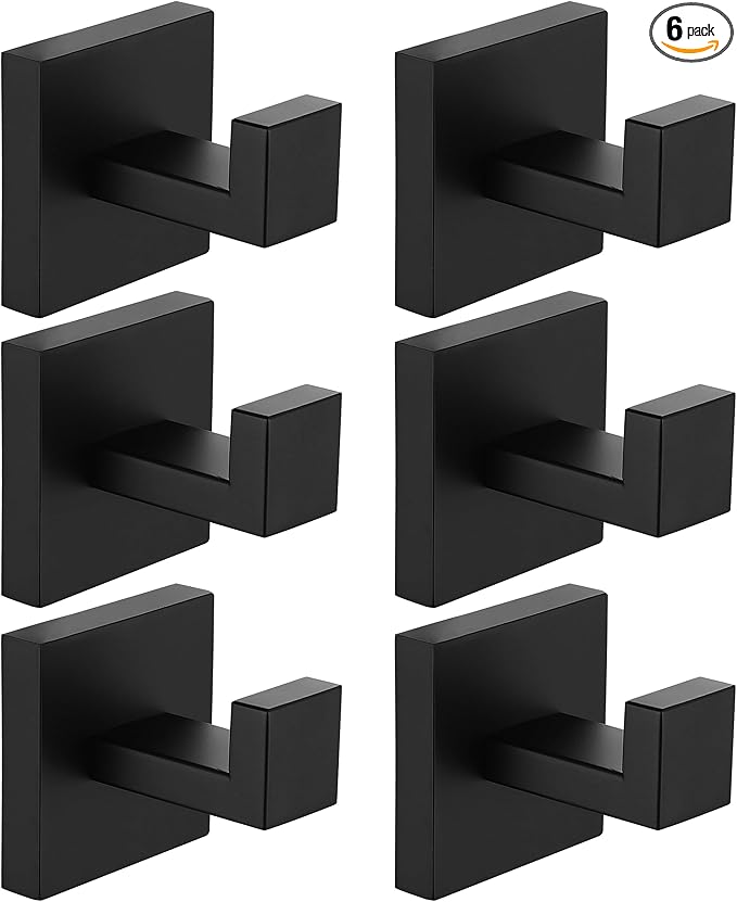 Nolimas 6 Pack Matte Black Towel Hook Stainless Steel Bathroom Rustproof Clothes Towel Coat Hook Wall Mounted Square Toilet Kitchen Heavy Duty Door Hanger