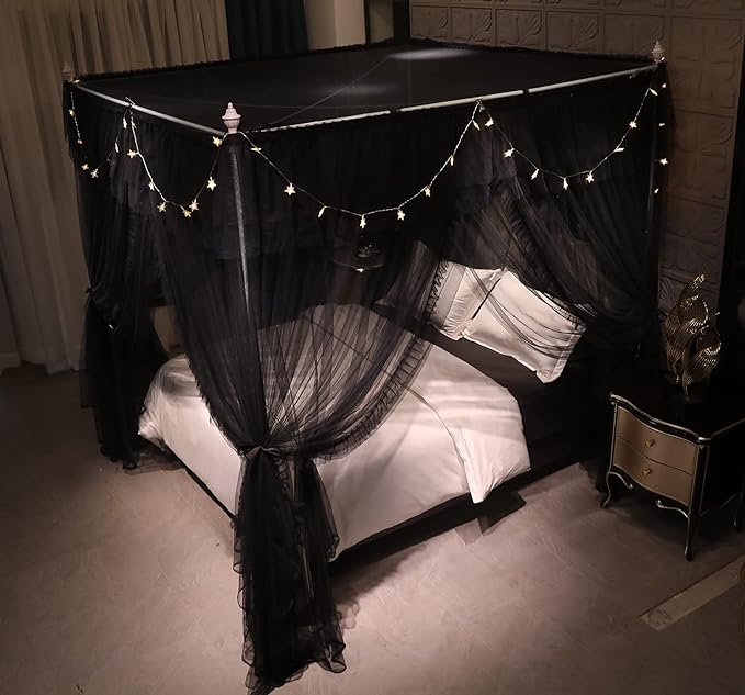 VETHIN 4 Corners Post Ruffle Princess Bed Canopy Curtain-Double Layer Cozy Drape Netting 4 Opening Mosquito Net for Girls Adults Bedroom Decoration (Double-Black,64" W*82" L*82"*H/Queen)
