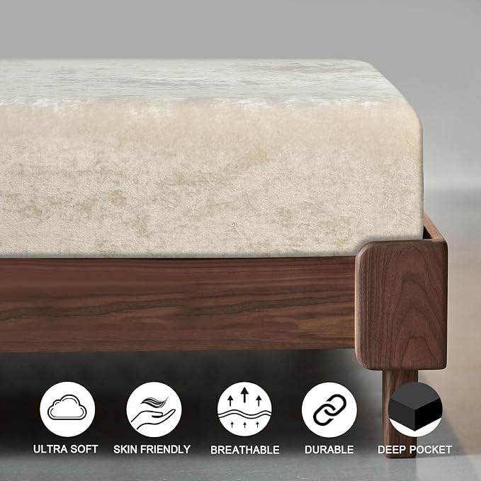 PHF Truly Velvet Fitted Sheet Only Queen Size, Luxury Super Soft Cozy Fuzzy Fleece Bottom Sheet, Deep Pocket Up to 16",Strenghth Elastic Band, Suitable for Fall Winter Spring, No Pillowcases, Sand