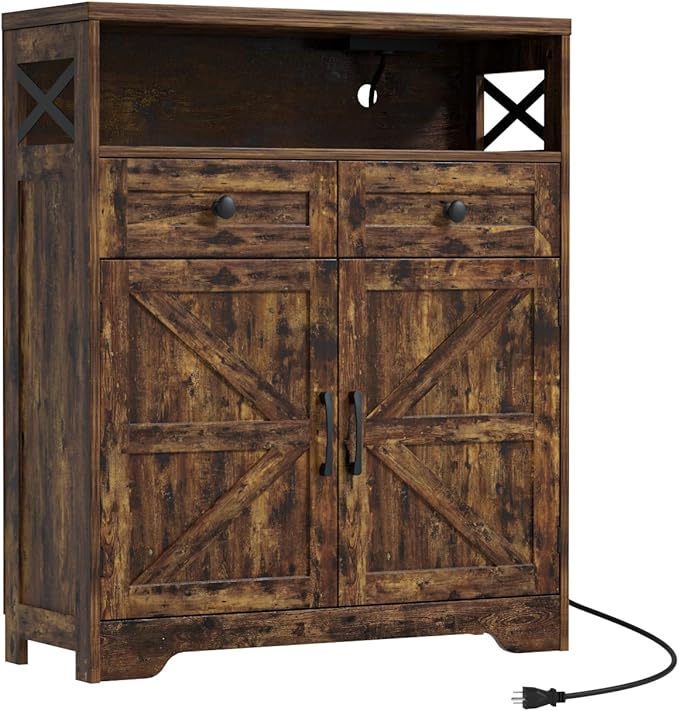 31.5" Rustic Brown Storage Cabinet with Doors and Drawers, Farmhouse Sideboard Buffet Cabinet with Storage, Kitchen Pantry Hutch, Coffee Bar Station Table for Kitchen, Livingroom, Dining Room