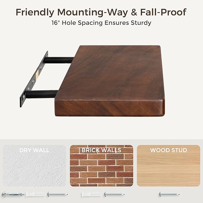 36" Rustic Walnut Wood Floating Shelves, 8 Inch Deep Wall Shelves for Home Decor, Wall Mounted Floating Shelf with Invisible Bracket, Heavy-Duty Storagefor Living Room, Bedroom, Kitchen, Set of 2