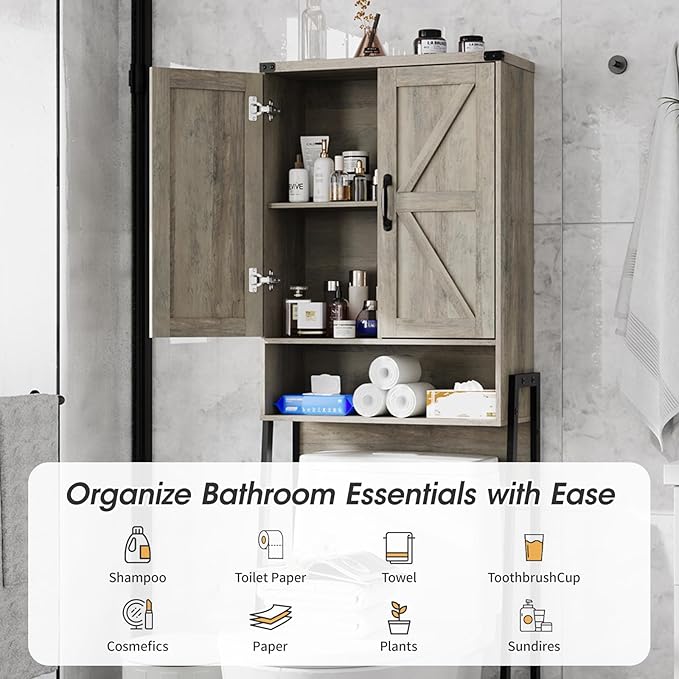 Over The Toilet Storage Cabinet with 2-Door Design Bathroom Organizers and Storage with Anti-Tip Device Over Toilet Organizer with Shelves for Bathroom,Restroom,Laundry Grey