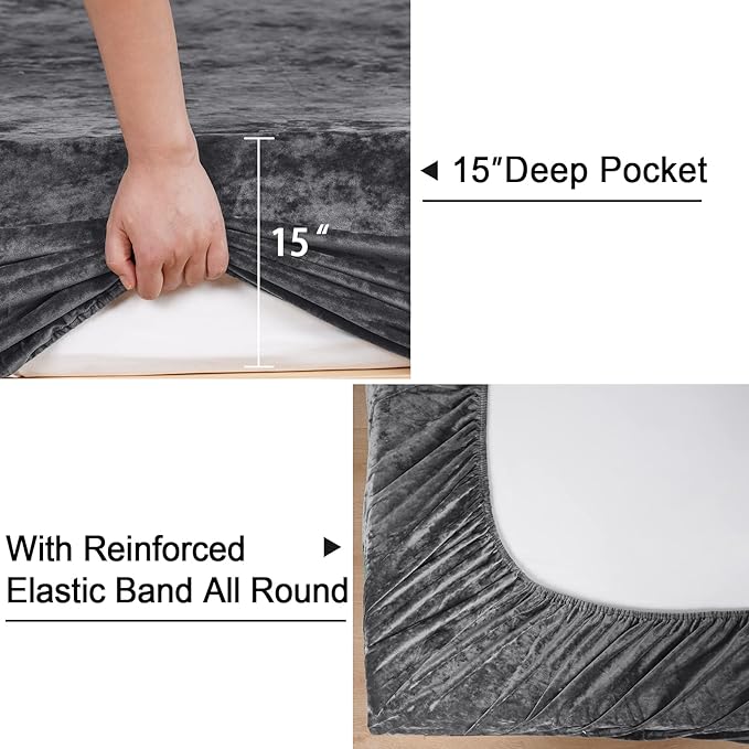 PHF Truly Velvet Fitted Sheet Only Full Size, Luxury Super Soft Cozy Fuzzy Fleece Bottom Sheet, Deep Pocket Up to 16",Strenghth Elastic Band, Suitable for Fall Winter Spring, No Pillowcases, Dark Grey