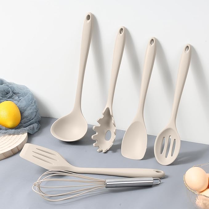 LIANYU 14 Pcs Kitchen Utensils Set with Holder, Silicone Cooking Utensils Spatula Set, Heat Resistant Cookware Tools Includes Spoon Turner Whisk Tong, Dishwasher Safe, Khaki