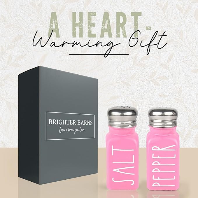 Pink Salt and Pepper Shakers Set by Brighter Barns - Modern Kitchen Decor and Accessories - Cute Glass Shakers - Vintage Decor for Home, Restaurants, Housewarming Gifts & Stainless Steel Lids (Pink)