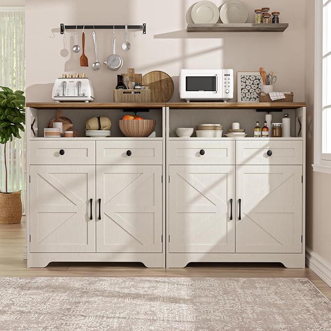 31.5" White Storage Cabinet with Doors and Drawers, Farmhouse Sideboard Buffet Cabinet with Storage, Kitchen Pantry Hutch, Coffee Bar Table Station for Kitchen, Livingroom, Dining Room