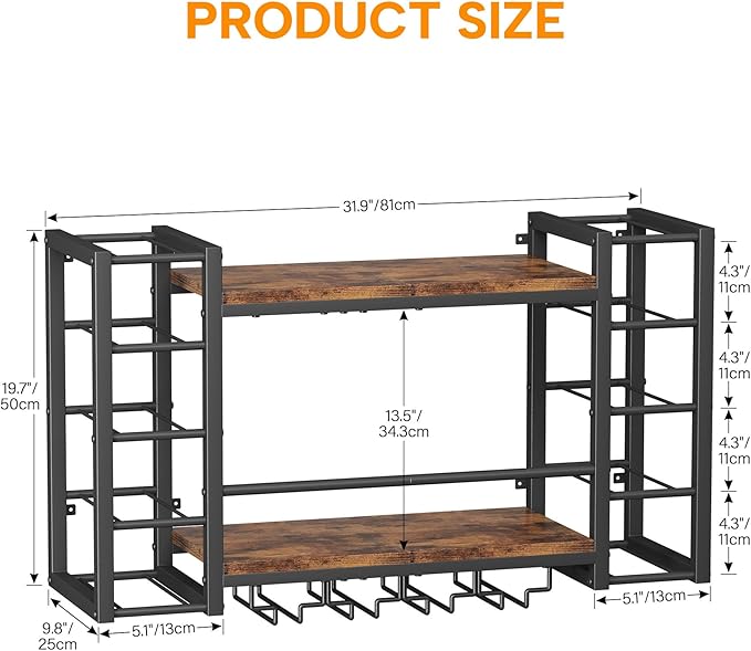 Wall Mounted Wine Rack, Bottle & Glass Holder, Wood & Metal Wine Shelf Storage with Top Enclosure, Heavy Duty Bar Decor for Home, Kitchen, Bar (31.9" x 9.8" x 19.7")