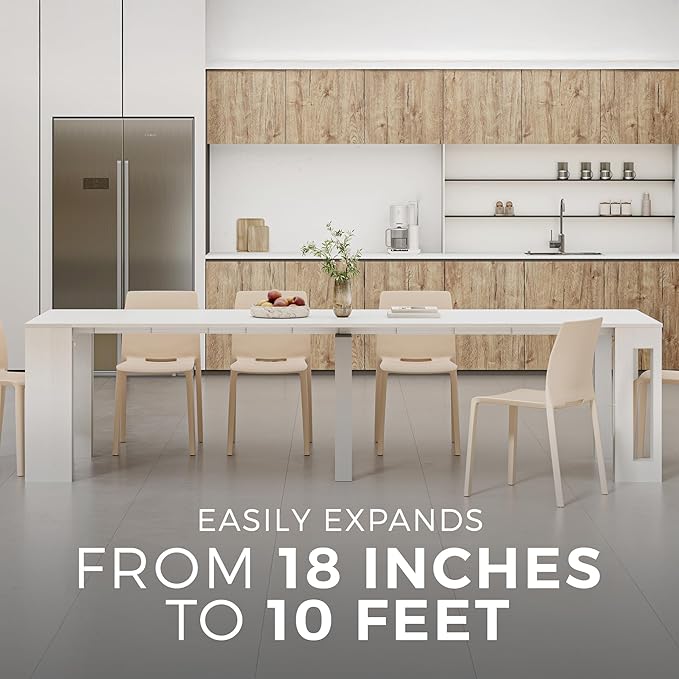 Mobili Fiver, Easy, Extendable Console Table with Extension Leaves Holder, 17.7(120.1) x35.4 in, Ashwood White, for 4-12 People, Space Saving Dining Table for Living Room, Italian Furniture