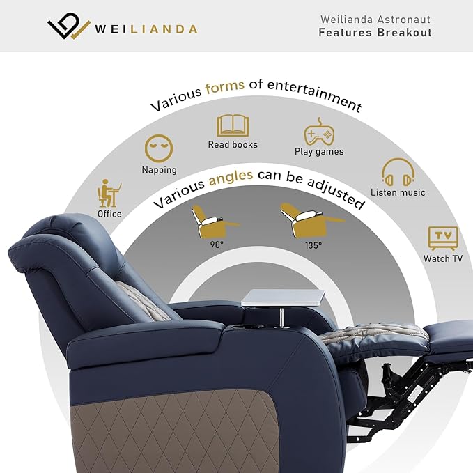 Home Theater Seating, Top Grain Leather Movie Seats Recliner Chair, Zero Gravity Reclining Gaming Sofa with Power Headrest 7 Colors Ambient Lighting 2 Seats Loveseat Blue Grey