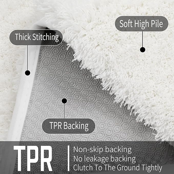 Yimobra U Shaped Toilet Bath Rug, Fluffy Plush, Super Shaggy Soft Non Slip, Water Absorbent Microfiber Bath Mat, Dries Quickly, Machine Washable Thick Bathroom Rugs, 20"x 24", Off White