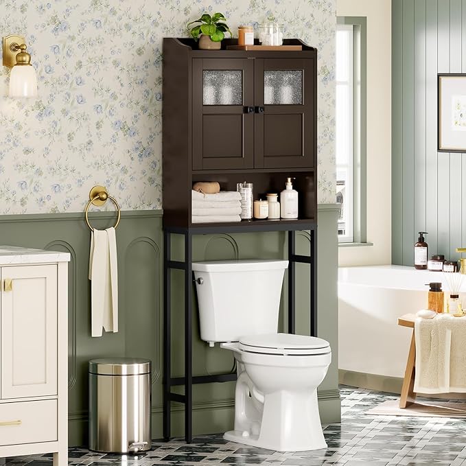 Over The Toilet Cabinet for Bathroom Storage, Over Toilet Storage Cabinet, Above Toilet Storage with 2 Doors and Adjustable Shelf Space Saver Cabinet Over Toilet Bathroom Organizer (Espresso)