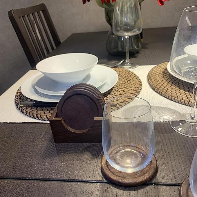 Mu&Ti Classic Walnut Dark Coaster Set of 6 Pieces. Including The Holder Pure Natural Wood and Texture. Wonderful Decor for Dining Tables and Office Tables