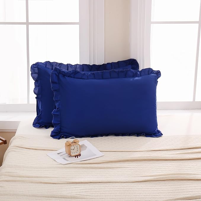 Merryword Navy Blue Pillow Shams Navy Standard Pillowcases Cute Pillow Cover Set of 2 Soft Shabby Chic Ruffled Pillowcases 2 Pack (Queen (20''x30''), Navy Blue)