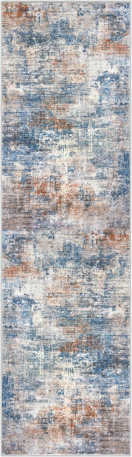IOHOUZE Abstract Runner Rug 2x7 Ft Washable Runners for Hallways, Non Slip Kitchen Runner Printed Faux Wool Entryway Runners Indoor, Modern Abstract Floor Carpet for Hall Kitchen Bedroom, Blue Rust