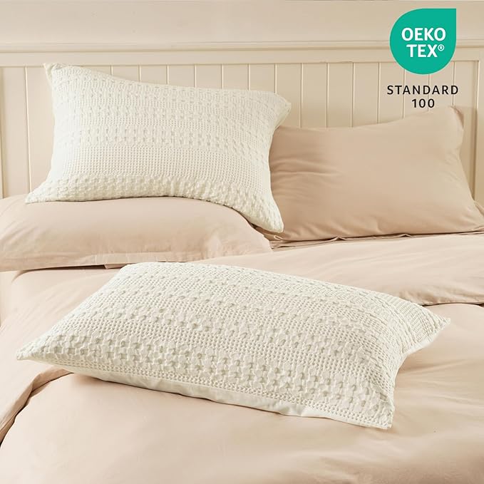 PHF 100% Cotton Waffle Pillow Shams Standard Size, 2 Pack 20" x 26" Soft Skin-Friendly Pillowcases, No Filling, Aesthetic Woven and Breathable Waffle Weave Pillow Case Covers for Bed, Ivory
