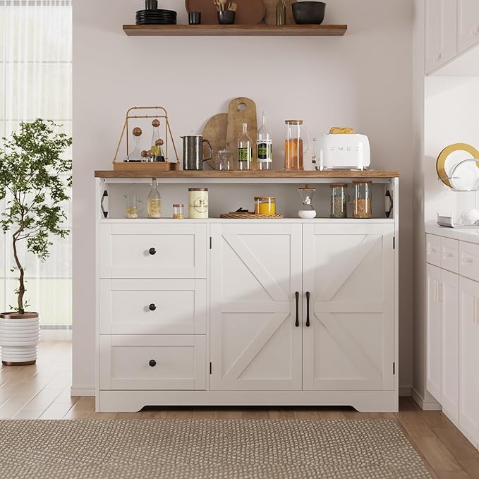 47" Antique White Storage Cabinet with Doors and Drawers, Farmhouse Sideboard Buffet Cabinet with Storage, Kitchen Pantry Hutch, Coffee Bar Station Table for Kitchen, Livingroom, Dining Room