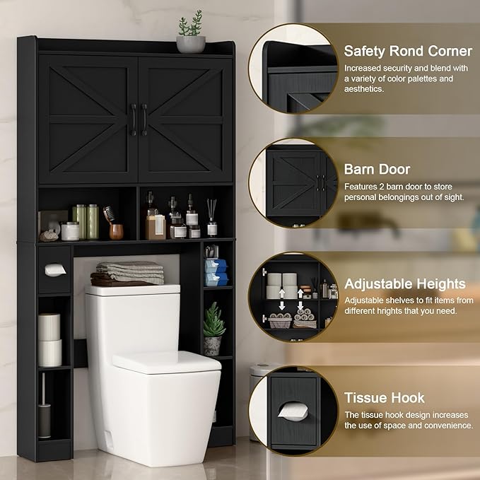 Over The Toilet Storage Cabinet, Farmhouse Toilet Cabinet Rack with Barn Doors, Space Saving Bathroom Organizer with Shelves, Toilet Paper Holder and Towel Rack for Bathroom,Laundry Pure Black